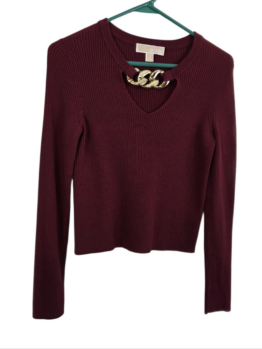 MICHAEL Michael Kors Maroon Keyhole Ribbed Cropped Long Sleeve Sweater Size M - Picture 3 of 12